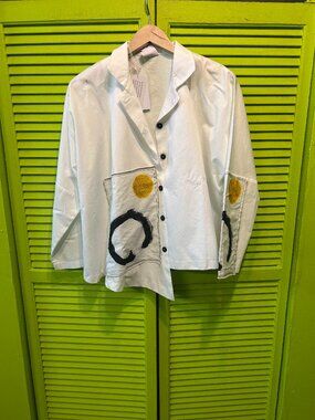 M Square White Artistic Button Up Blouse Med/Large Abstract Art Tunic Top